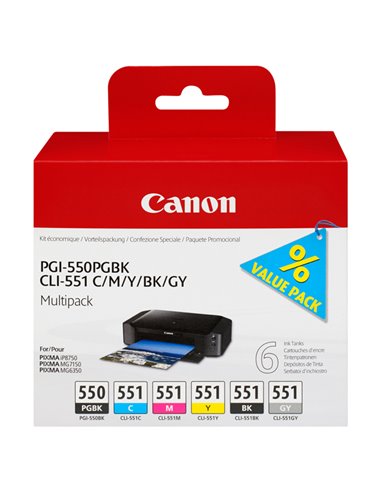 CONF. MULTIPACK CARTUCCIA INCHIOSTRO PGI-550/CLI-551 PGBK/C/M/Y/BK/GY 6496B005 CANON INKJET
