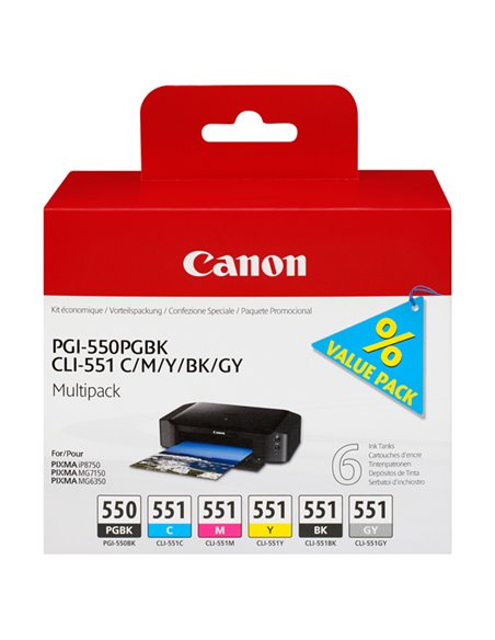 CONF. MULTIPACK CARTUCCIA INCHIOSTRO PGI-550/CLI-551 PGBK/C/M/Y/BK/GY 6496B005 CANON INKJET