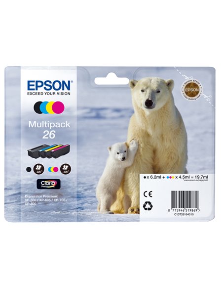 MULTIPACK 26 N.4 CARTUCCE SERIE 26/ORSO POLARE NERO CIANO MAGENTA GIALLO C13T26164010 EPSON INKJET