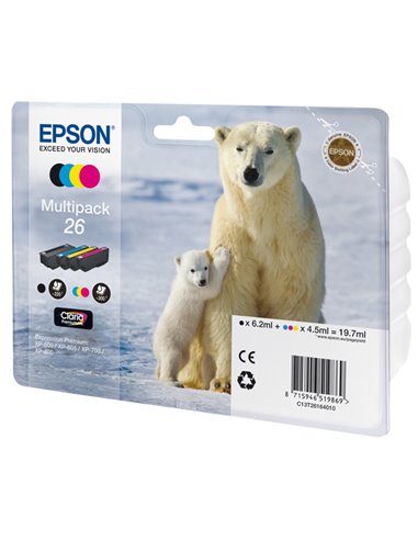 MULTIPACK 26 N.4 CARTUCCE SERIE 26/ORSO POLARE NERO CIANO MAGENTA GIALLO C13T26164010 EPSON INKJET