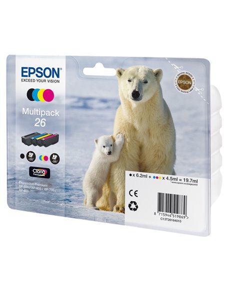 MULTIPACK 26 N.4 CARTUCCE SERIE 26/ORSO POLARE NERO CIANO MAGENTA GIALLO C13T26164010 EPSON INKJET