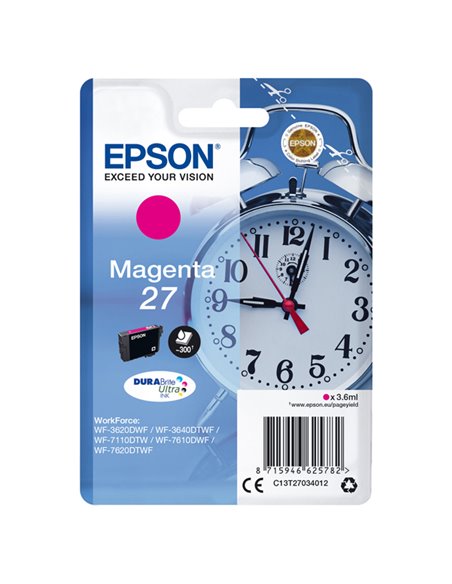 CARTUCCIA INCHIOSTRO MAGENTA DURABRITE ULTRA, SERIE 27/SVEGLIA C13T27034012 EPSON PRODOTTI PER STAMPANTI GRAFICHE