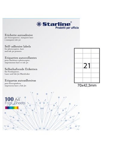 Etichetta adesiva bianca 100fg A4 70x42,3mm (21et/fg) STARLINE X210ODC521 STARLINE ETICHETTE CARTA COPY-LASER-INKJET