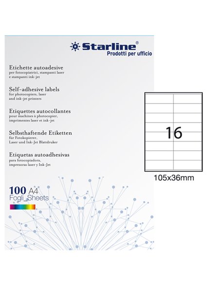 Etichetta adesiva bianca 100fg A4 105x36mm (16et/fg) STARLINE X210ODC501 STARLINE ETICHETTE CARTA COPY-LASER-INKJET