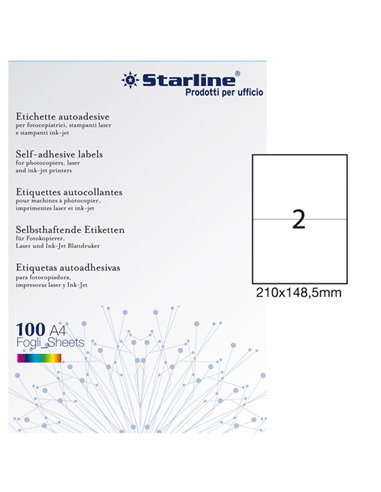 Etichetta adesiva bianca 100fg A4 210x148,5mm (2et/fg) STARLINE X210ODC509 STARLINE ETICHETTE CARTA COPY-LASER-INKJET
