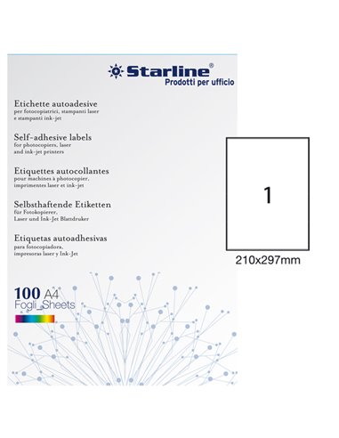 Etichetta adesiva bianca 100fg A4 210x297mm (1et/fg) STARLINE X210ODC503 STARLINE ETICHETTE CARTA COPY-LASER-INKJET