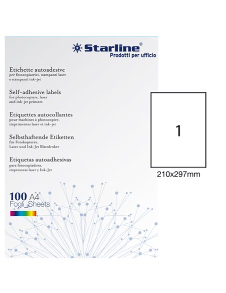 Etichetta adesiva bianca 100fg A4 210x297mm (1et/fg) STARLINE X210ODC503 STARLINE ETICHETTE CARTA COPY-LASER-INKJET