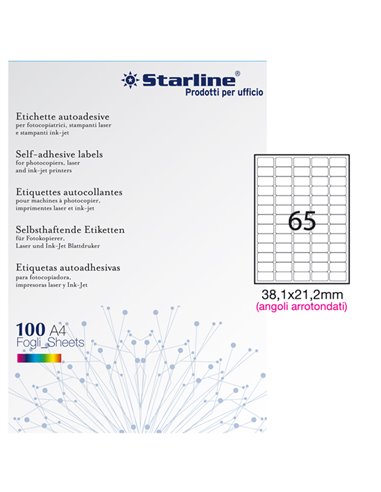 Etichetta adesiva bianca 100fg A4 38,1x21,2mm (65et/fg) angoli tondi STARLINE X210ODA400