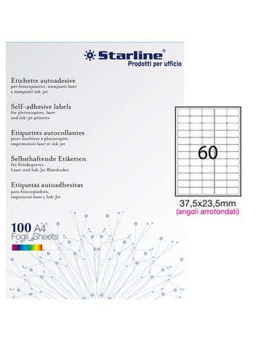 Etichetta adesiva bianca 100fg A4 37,5x23,5mm (60et/fg) angoli tondi STARLINE X210ODA402 STARLINE ETICHETTE CARTA COPY-LASER-...
