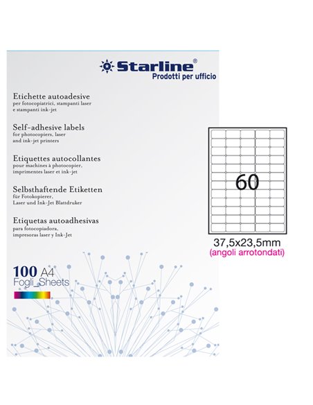 Etichetta adesiva bianca 100fg A4 37,5x23,5mm (60et/fg) angoli tondi STARLINE X210ODA402 STARLINE ETICHETTE CARTA COPY-LASER-...