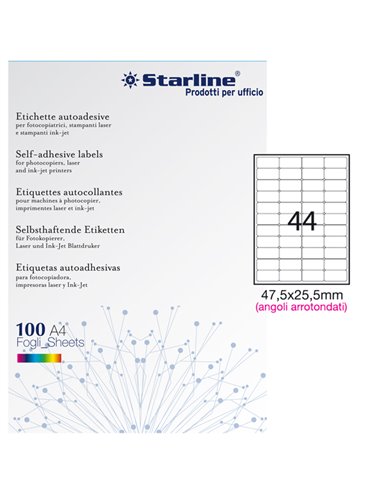 Etichetta adesiva bianca 100fg A4 47,5x25,5mm (44et/fg) angoli tondi STARLINE X210ODA406 STARLINE ETICHETTE CARTA COPY-LASER-...