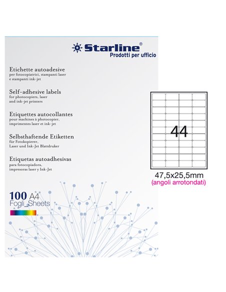 Etichetta adesiva bianca 100fg A4 47,5x25,5mm (44et/fg) angoli tondi STARLINE X210ODA406 STARLINE ETICHETTE CARTA COPY-LASER-...