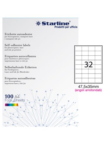 Etichetta adesiva bianca 100fg A4 47,5x35mm (32et/fg) angoli tondi STARLINE X210ODA407 STARLINE ETICHETTE CARTA COPY-LASER-IN...