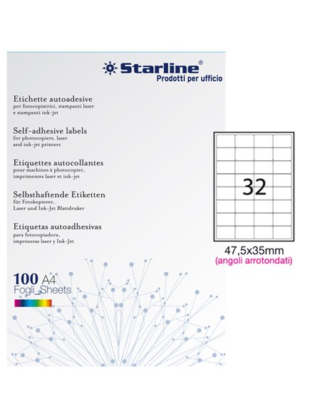 Etichetta adesiva bianca 100fg A4 47,5x35mm (32et/fg) angoli tondi STARLINE X210ODA407 STARLINE ETICHETTE CARTA COPY-LASER-IN...