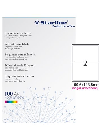 Etichetta adesiva bianca 100fg A4 199,6x143,5mm (2et/fg) angoli tondi STARLINE X210ODA470 STARLINE ETICHETTE CARTA COPY-LASER...