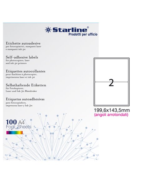 Etichetta adesiva bianca 100fg A4 199,6x143,5mm (2et/fg) angoli tondi STARLINE X210ODA470 STARLINE ETICHETTE CARTA COPY-LASER...