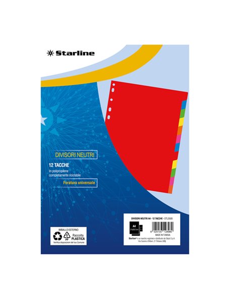 Divisori neutri in PP 12 tacche f.to A4 21x29,7cm Starline 2000003C1-STL STARLINE DIVISORI-SEPARATORI CON TASTI NEUTRI