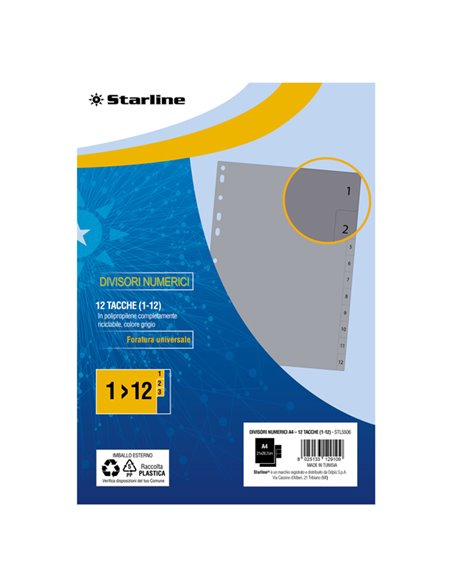 Divisori numerici (1-12) in PP 12 tacche F.to A4 21x29,7cm Grigio Starline 2000013C5-STL