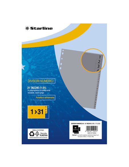 Divisori numerici (1-31) in PP 31 tacche F.to A4 21x29,7cm -Grigio Starline 2000014C5-STL