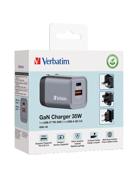 Adattatore da viaggio GNC-35- 1x USB-C PD 35W, 1x USB-A QC 3.0-35W-Verbatim 32200 VERBATIM ADATTATORI-CARICATORI DA VIAGGIO E...