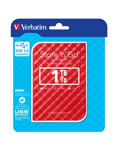 UBS PORTATILE STORE 'N' GO 1TB USB 3.0 RED (9.5MM DRIVE) 53203 VERBATIM HARD-DISK ESTERNI