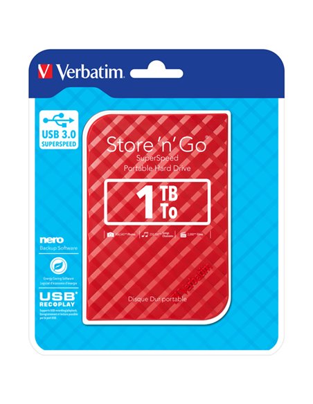 UBS PORTATILE STORE 'N' GO 1TB USB 3.0 RED (9.5MM DRIVE) 53203 VERBATIM HARD-DISK ESTERNI