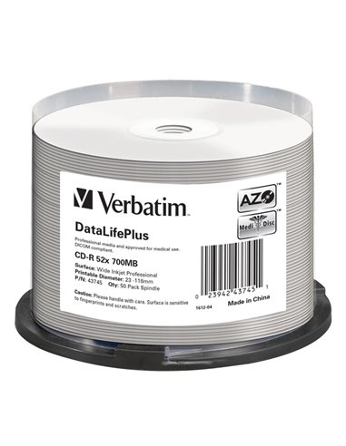 SCATOLA 50 CD-R BULK DATALIFEPLUS SPIND. 1X-52X 700MB STAMP.WIDE INKJET PHOTO 43745 VERBATIM CD/DVD/BLU-RAY