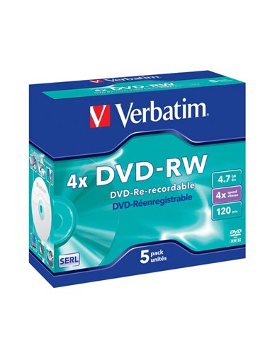 SCATOLA 5 DVD-RW JEWEL CASE 4X 4.7GB 120MIN. SERIGRAFATO 43285 VERBATIM CD/DVD/BLU-RAY