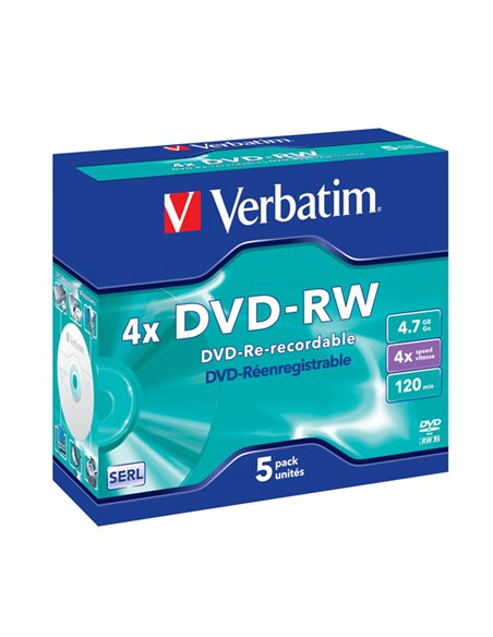 SCATOLA 5 DVD-RW JEWEL CASE 4X 4.7GB 120MIN. SERIGRAFATO 43285 VERBATIM CD/DVD/BLU-RAY