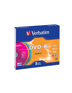 SCATOLA 5 DVD-R SLIM CASE 16X 4.7GB 120MIN. SERIGRAFATO COLORATO 43557 VERBATIM CD/DVD/BLU-RAY
