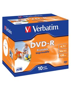 SCATOLA 10 DVD-R J.CASE 16X 4.7GB 120MIN. WIDE PHOTO STAMP INK-JET 43521 VERBATIM CD/DVD/BLU-RAY