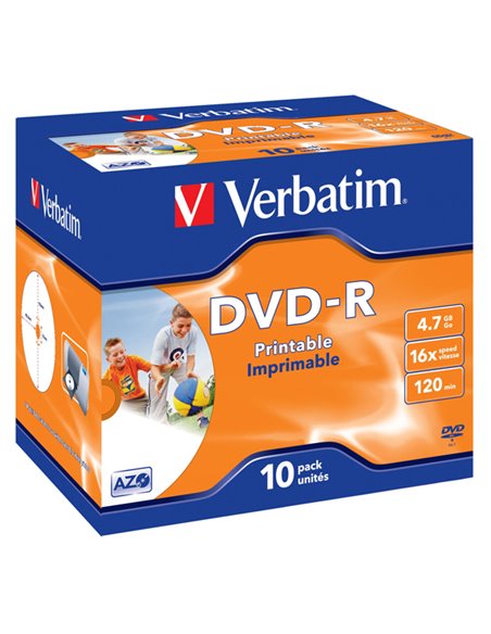 SCATOLA 10 DVD-R J.CASE 16X 4.7GB 120MIN. WIDE PHOTO STAMP INK-JET 43521 VERBATIM CD/DVD/BLU-RAY