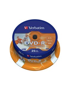 SCATOLA 25 DVD-R SPINDLE 16X 4.7GB 120MIN. STAMPABILE WIDE PHOTO INKJET 43538 VERBATIM CD/DVD/BLU-RAY