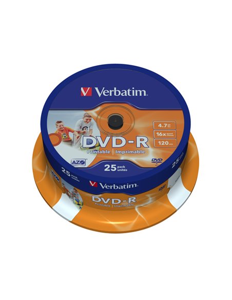 SCATOLA 25 DVD-R SPINDLE 16X 4.7GB 120MIN. STAMPABILE WIDE PHOTO INKJET 43538 VERBATIM CD/DVD/BLU-RAY