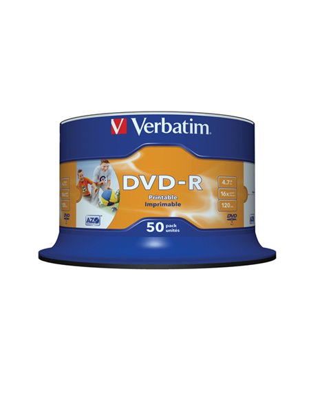 SCATOLA 50 DVD-R SPINDLE BULK 16X 4.7GB 120MIN. STAMPABILE WIDE MATT INKJET 43533 VERBATIM CD/DVD/BLU-RAY
