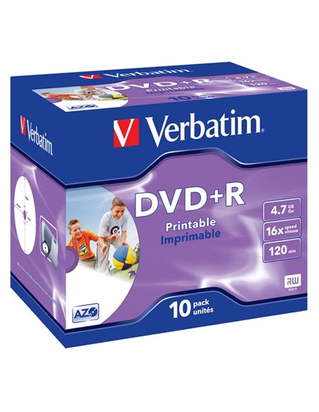 SCATOLA 10 DVD+R JEWEL CASE 16X 4.7GB 120MIN. STAMPABILE WIDE PHOTO INKJET 43508 VERBATIM CD/DVD/BLU-RAY