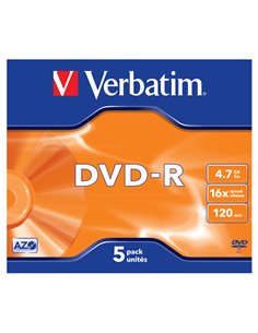SCATOLA 5 DVD-R JEWEL CASE 16X 4.7GB 120MIN. SERIGRAFATO 43519 VERBATIM CD/DVD/BLU-RAY