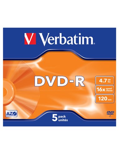 SCATOLA 5 DVD-R JEWEL CASE 16X 4.7GB 120MIN. SERIGRAFATO 43519 VERBATIM CD/DVD/BLU-RAY