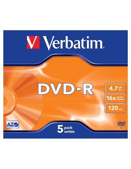 SCATOLA 5 DVD-R JEWEL CASE 16X 4.7GB 120MIN. SERIGRAFATO 43519 VERBATIM CD/DVD/BLU-RAY