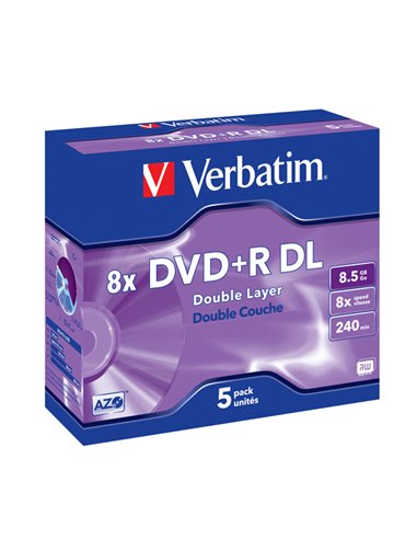 SCATOLA 5 DVD+R DUAL LAYER 8X 8.5GB 240MIN. SERIGRAFATO JEWEL CASE 43541 VERBATIM CD/DVD/BLU-RAY