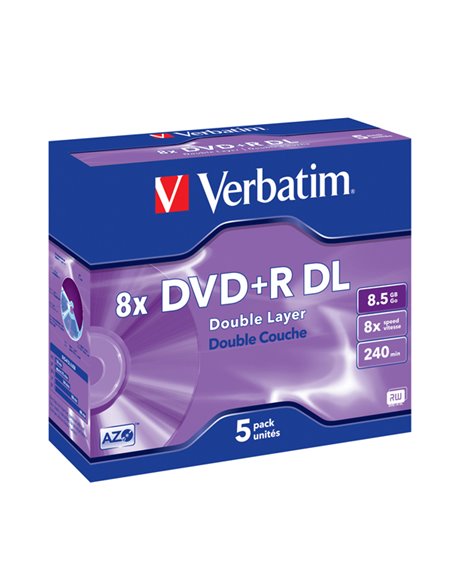 SCATOLA 5 DVD+R DUAL LAYER 8X 8.5GB 240MIN. SERIGRAFATO JEWEL CASE 43541 VERBATIM CD/DVD/BLU-RAY