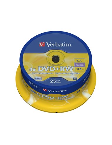 SCATOLA 25 DVD+RW SPINDLE 4X 4.7GB 120MIN. SERIGRAFATO 43489 VERBATIM CD/DVD/BLU-RAY