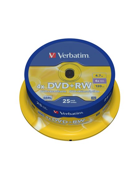 SCATOLA 25 DVD+RW SPINDLE 4X 4.7GB 120MIN. SERIGRAFATO 43489 VERBATIM CD/DVD/BLU-RAY