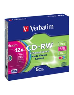 SCATOLA 5 CD-RW DATALIFEPLUS SLIM CASE 8X-10X 700MB SERIGRAFATO COLORATO_RISCRIV 43167 VERBATIM CD/DVD/BLU-RAY