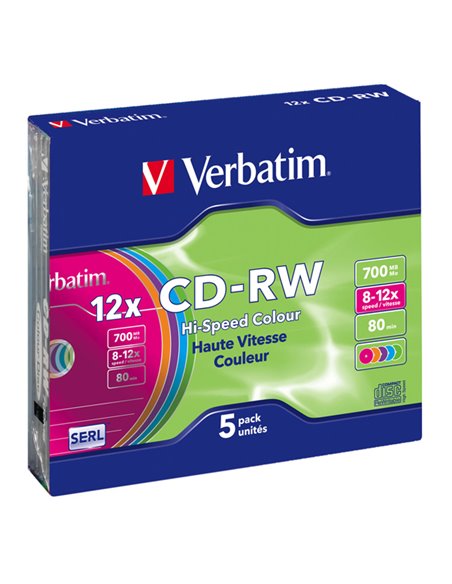 SCATOLA 5 CD-RW DATALIFEPLUS SLIM CASE 8X-10X 700MB SERIGRAFATO COLORATO_RISCRIV 43167 VERBATIM CD/DVD/BLU-RAY