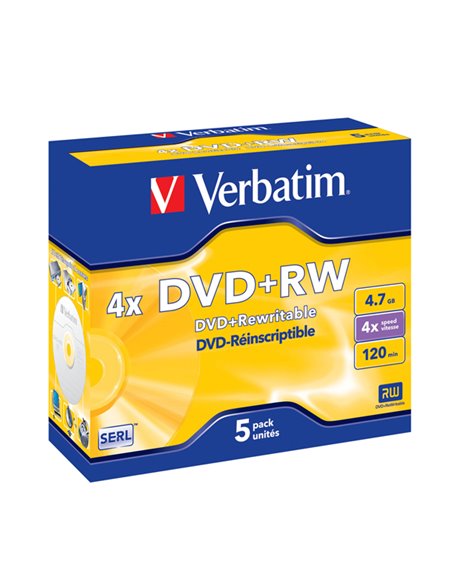 SCATOLA 5 DVD+RW JEWEL CASE 4X 4.7GB 120MIN. SERIGRAFATO 43229 VERBATIM CD/DVD/BLU-RAY