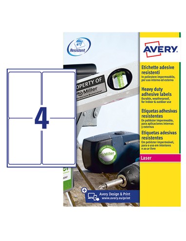 Poliestere adesivo L4774 bianco 8fg A4 99,1x139mm (4et/fg) laser Avery L4774-8