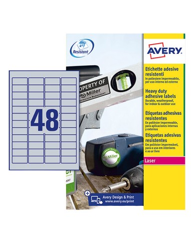 Poliestere adesivo L6009 argento 8fg A4 45,7x21,2mm (48et/fg) laser Avery L6009-8 AVERY ETICHETTE POLIESTERE COPY-LASER-INKJET