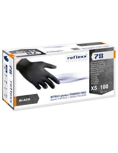 Conf 100 Guanti in nitrile R78 s/polvere tg XS nero Reflexx R78/XS Reflexx GUANTI DI PROTEZIONE