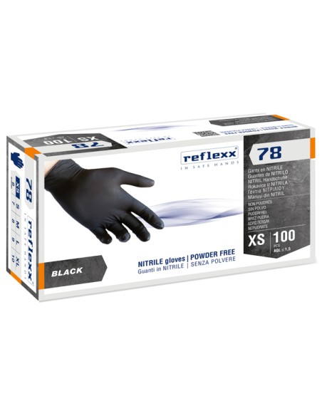 Conf 100 Guanti in nitrile R78 s/polvere tg XS nero Reflexx R78/XS Reflexx GUANTI DI PROTEZIONE